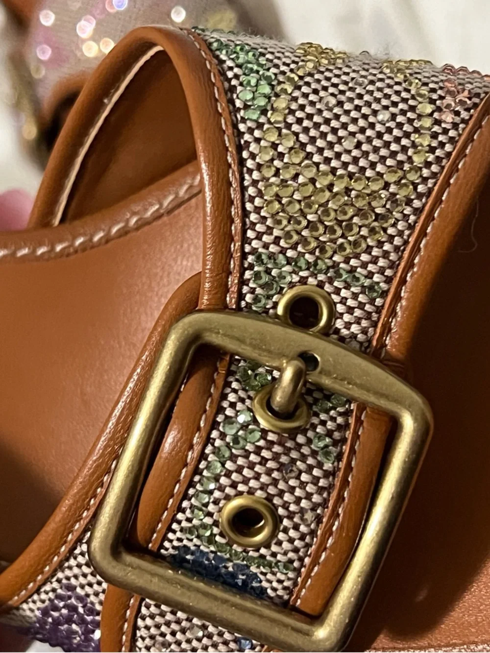 Coach Tan Leather Slide Sandals with Multicolor Woven Strap - Picture 10 of 12
